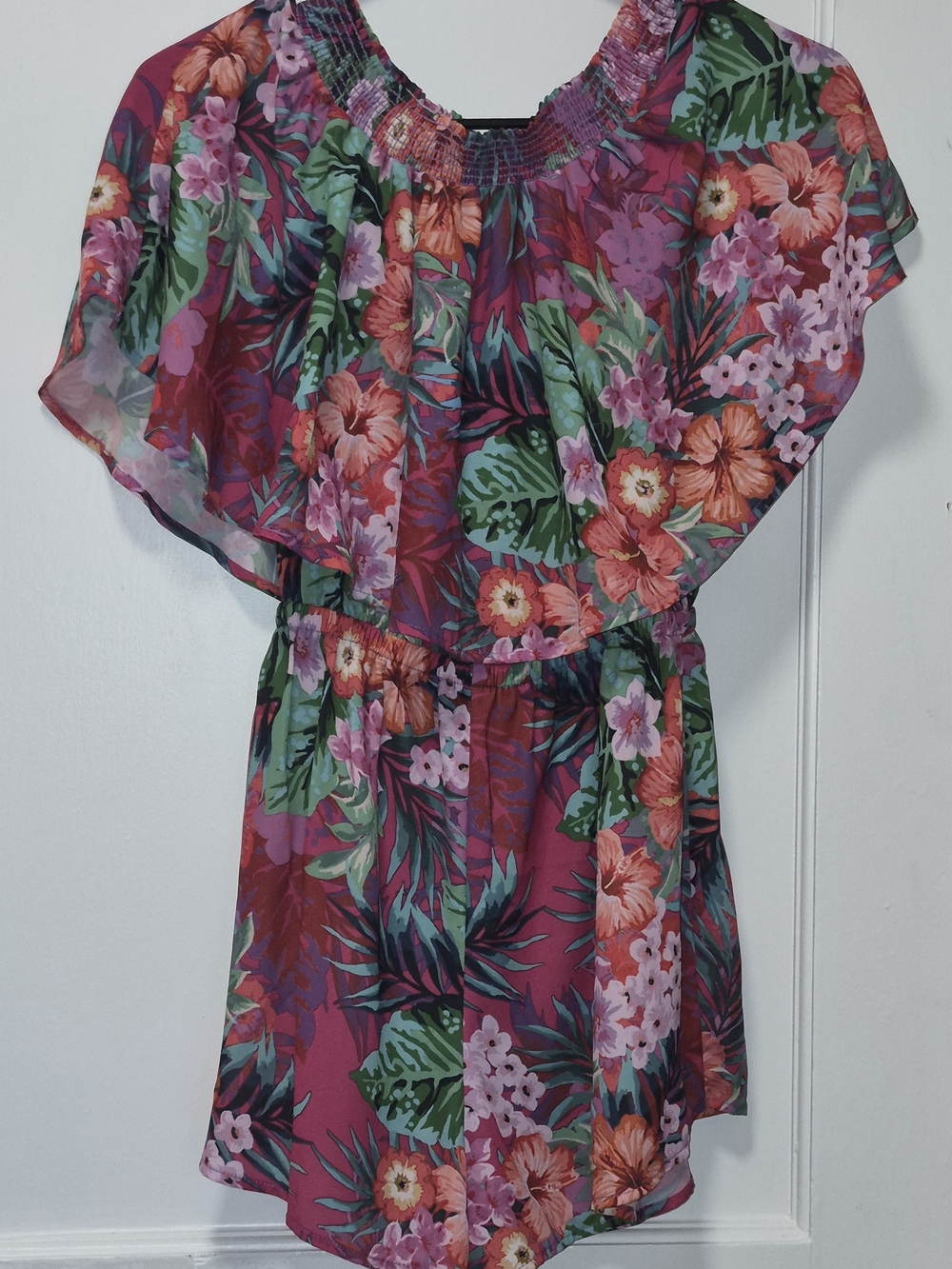 Show Me Your MuMu One-Shoulder Tropical Floral Dress in Magenta, Green and Coral